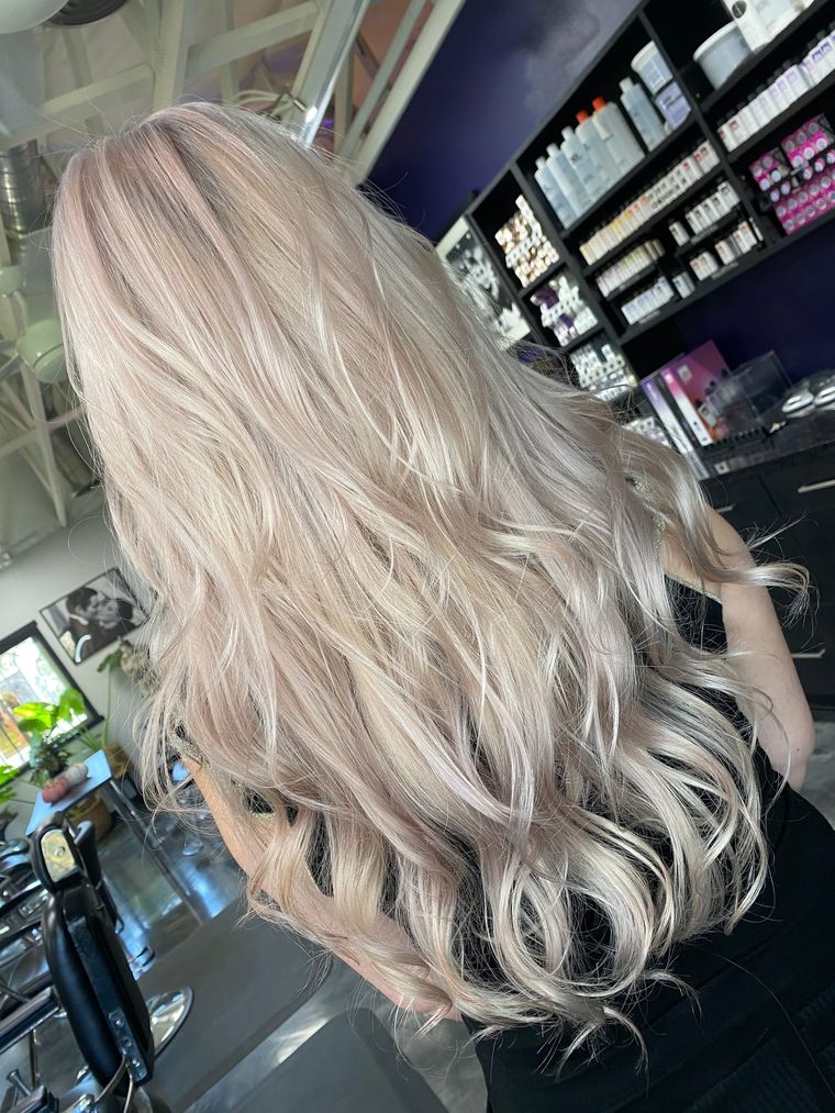 Silver ash blonde, long waves