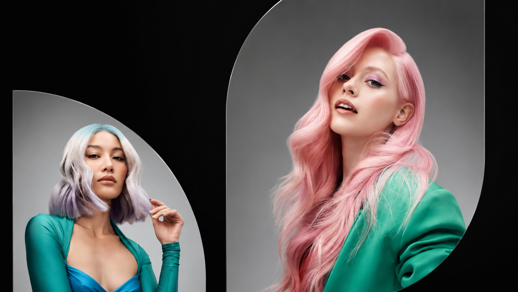 Two editorial colour looks side by side: long pastel pink waves, and a silver and lilac bob